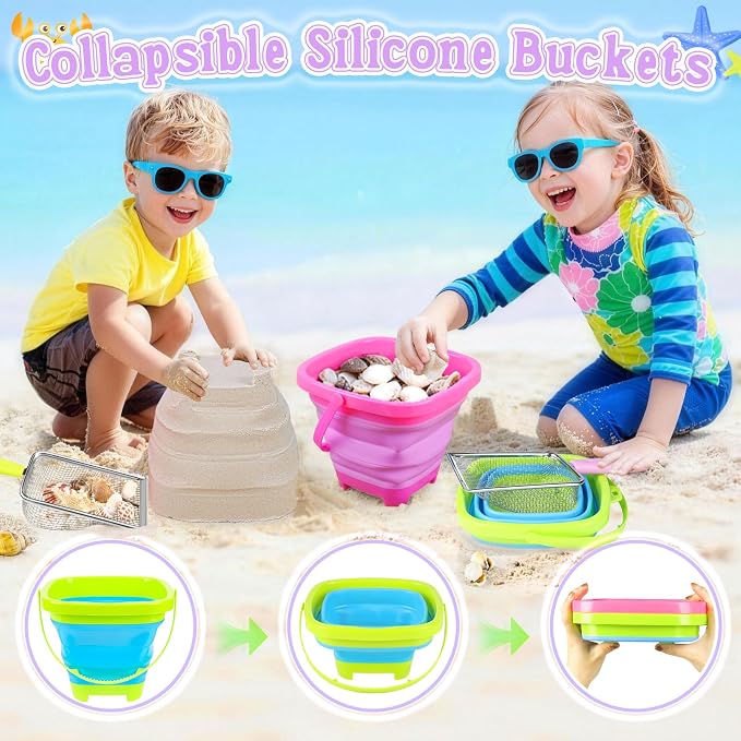 Meaicezli Beach Toys, 2 Packs Sand Toys for Shell Collecting, Collapsible Sand Buckets Shark Tooth Sifter and Mesh Bag, Shell Scooper for Beach Travel Essentials Kids Boys and Girls