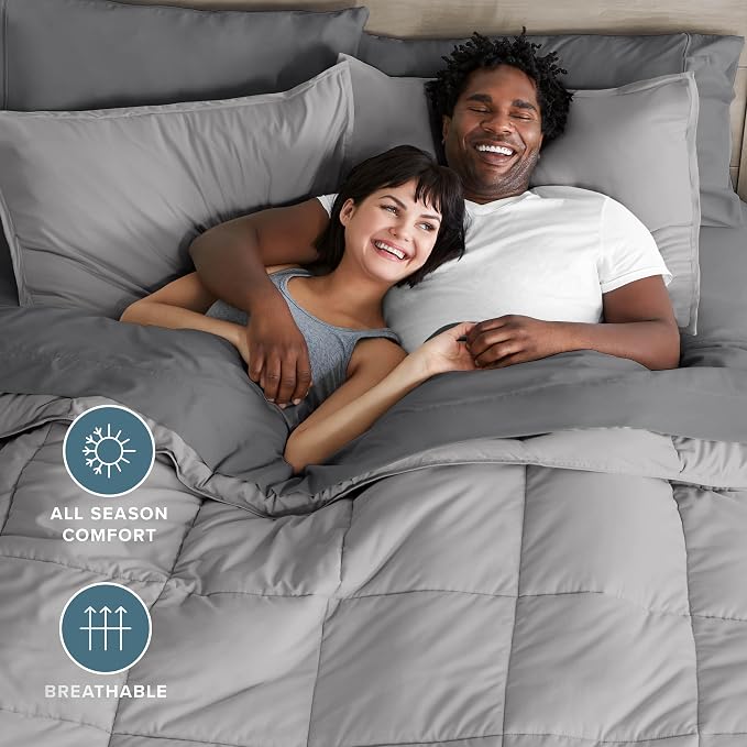 Bare Home Bed-in-A-Bag 7 Piece Comforter & Sheet Set - Full - Goose Down Alternative - Ultra-Soft 1800 Premium Bedding Set (Full, Light Grey/Grey)