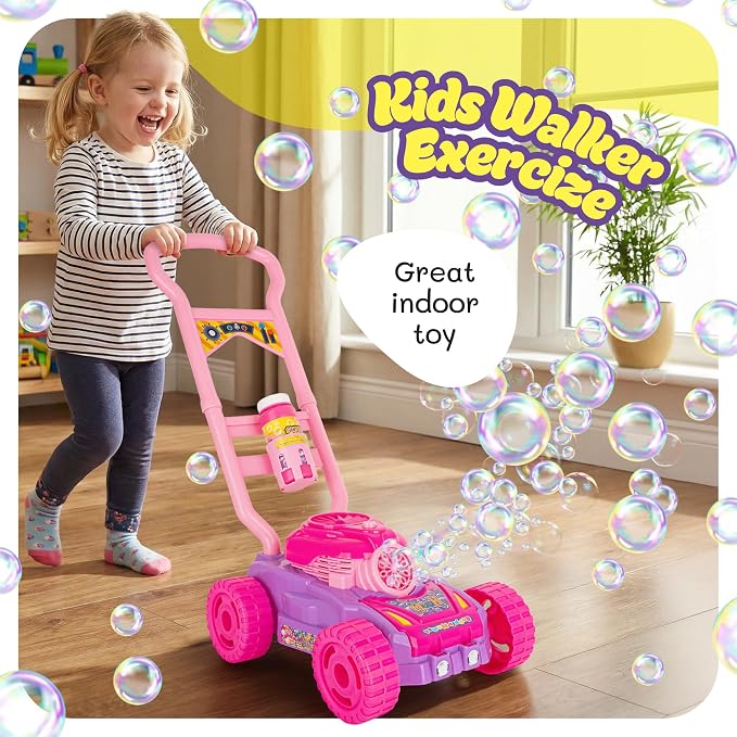 Hoopi Extreme Bubble Lawn Mower for Toddlers 1-3, Spill-Proof Kids Bubble Machine with Lights for 2-Year-Old Girl Birthday Gift, Bubbles Blowing Push Toddler Outdoor Toys for Ages 2-4 with 3 Bottles