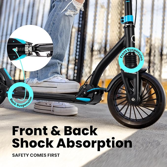 AERO MOBILITY Kick Scooter for Kids 6+, Teens & Adults | Light Up Wheels, Hand Brake, Rubber Deck Mat & Shock Absorption | Foldable & Height Adjustable