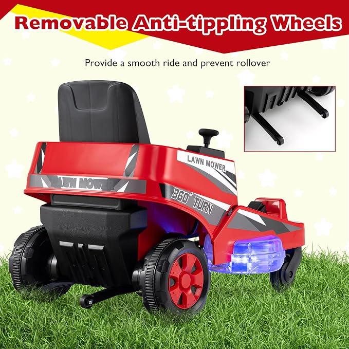 Costzon Ride on Lawn Mower for Kids, 12V Toddler Electric Car with 360° Twist and Turn, Dual Control Sticks, LED Lights, Outdoor Ride on Toy Gift for Boys & Girls Aged 3-8 (Red)