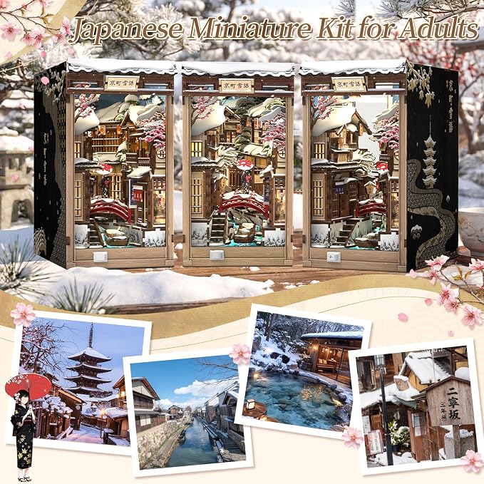 Fsolis Book Nook Kit for Adults – Japanese DIY 3D Wooden Puzzles | Japan Winter Scene Miniature House Building Bookshelf Diorama Gift for Women Puzzle Lovers (Kyoto Snow Whisper)