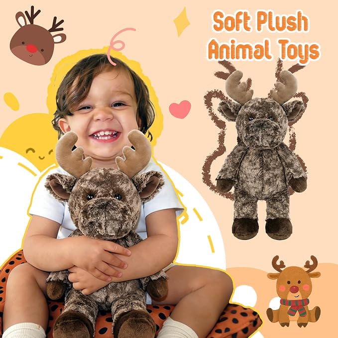 Stuffed Animal Plush Toy Soft Plushie Cuddly Reindeer Cute Plush Toy for Kids Toddlers Boys Girls Birthday Christmas Nursery Decor Party Favors