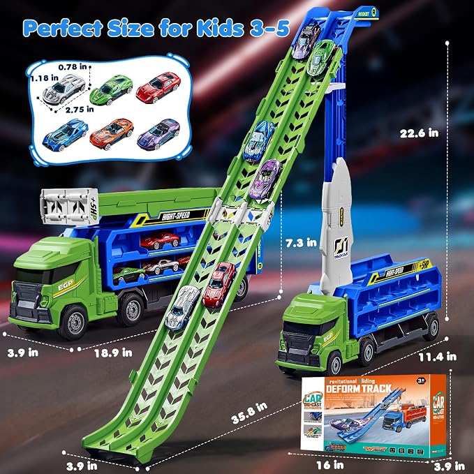 Race Track Truck Toys for 3 4 5 6 Years Old Kids - Carrier Truck Transport Car with 6 Die-Cast Cars Toys, 4-in-1 Truck with 2 Foldable Race Tracks, Christmas Birthday Gifts Toy for Toddler Boys, Cyan