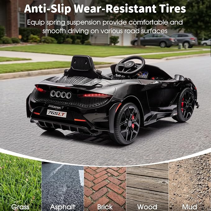 Kids Ride-on Car Licensed McLaren765LT for 3-6Years Old, Electric car 12V Battery Powered Electric Vehicle, w/Parent Remote, Music Player, LED Lights, Smooth Start, 3 Speeds, (Black)