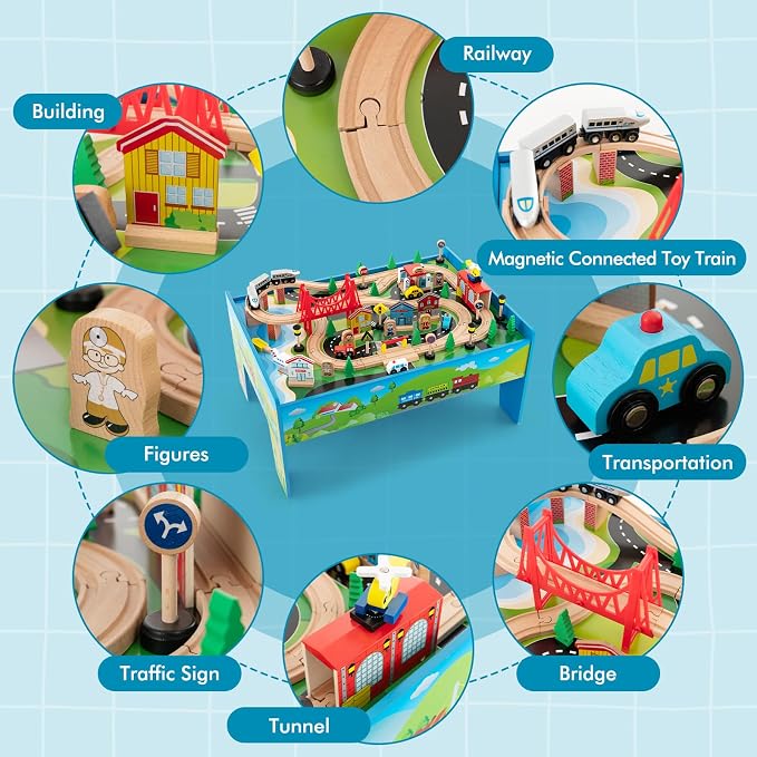 HONEY JOY Train Table, Wooden Kids Activity Table w/ 80 Multicolor Pieces, Tracks, Trains, Cars, Toddler Toy Train Table Set w/Reversible Tabletop, Gift for Boys Girls Ages 18 Months+ (Blue)
