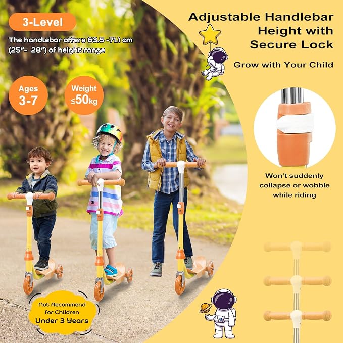 Kids Scooter - LED Light Up 3 Wheel Scooter for Kids 3-5, Adjustable Handlebar Height, Long Anti-Slip Deck,Heavy Duty Metal Scooters for Boys Girls Ages 3-5 5-7, up to 110 Lbs
