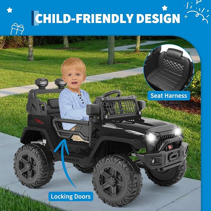 Hetoy 12V Ride on Toys with Parent Remote Control Toddler Electric Vehicle with Spring Suspension, LED Lights, Bluetooth, Music Player, 3 Speeds Ride on Car Truck for Kids Age 3-8 (Black)