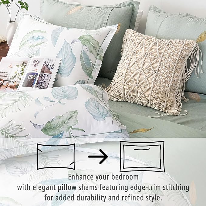 LEMIROE Botanical Cotton Comforter King Size - Sage Green Comforter Printed with Leaves & Ferns on White,Reversible Light-Weight Bedding Sets 3Pcs(Leaves,104"×90")