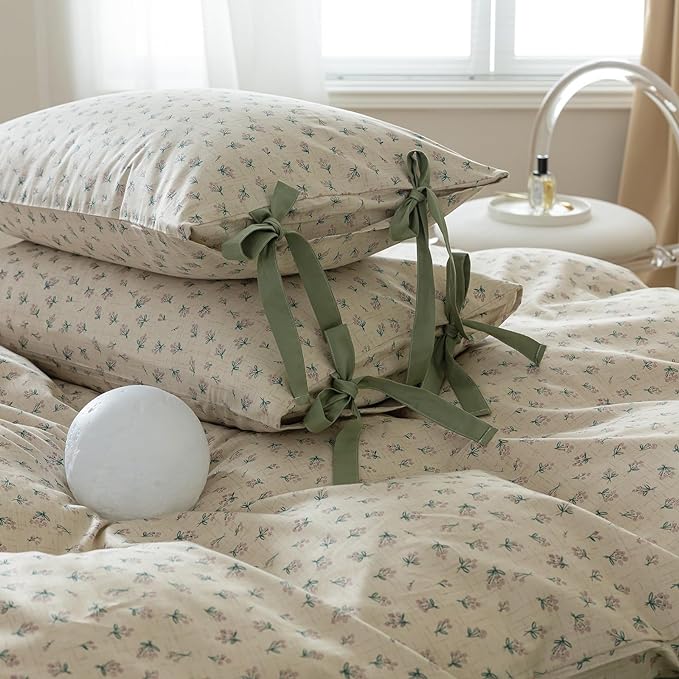 LifeTB Green Floral Comforter Set Queen Vintage Coquette Bedding Comforter for Girl Women Floral Botanical Comforter with 2 Bow Ties Pillowcases Cottagecore Bedding Flowers Comforter Set Queen Size