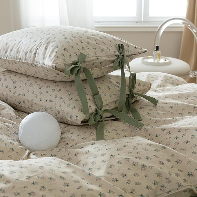 Vintage Green Floral Comforter Set King Aesthetic Flower Printed Floral Bedding Comforter Set Garden Style Botanical Comforter with 2 Bow Ties Pillowcases Soft Fluffy Farmhouse Bedding Set King