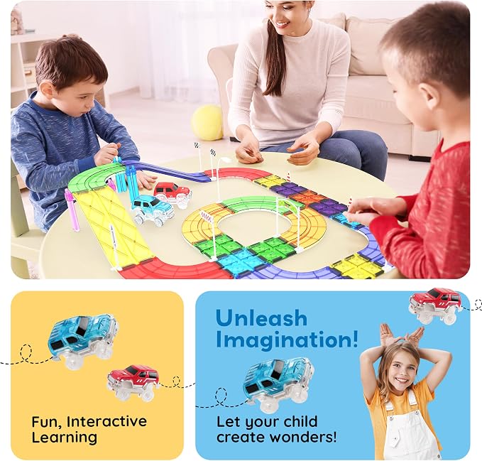 PicassoTiles 45pc Magnetic Tiles Race Track Set With 2 Racing Cars Plus Traffic Accessory Kit STEM Educational Learning Construction Building Magnet Tile Toy For Toddlers Boys Girls Kids Age 3+ PTR451