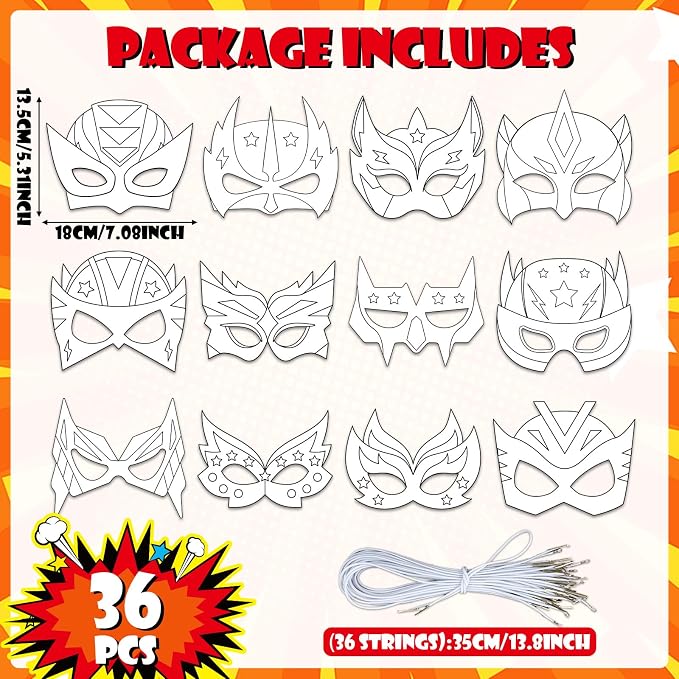 36 Packs super DIY theme hero Masks Hero Theme Crafts Color Your Own Masks heros DIY Paper Mask Arts and Crafts Helmet Paint for Kids Fun Home Activities Masquerade Party Supplies Super Party Favors