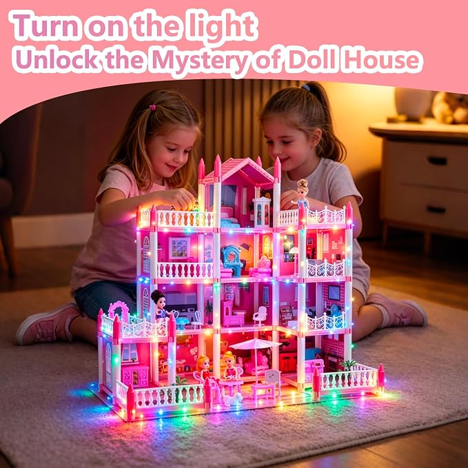 Large Doll House for Girls 3-12 Years Old 11 Rooms Dream Dollhouse with Lights, Play Mat, Dolls, Furniture & Rich Accessories, Perfect Birthday for Kids