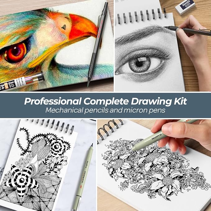 Nicpro 58PCS Art Drawing Supplies Kit in Leather Case, MP1000 Black Metal Mechanical Pencil Set with Drafting Pencil 0.5, 0.7, 0.9 & 2mm, 12 Micron Pen, Sketch Book, 30 Tube Lead Refills for Sketching
