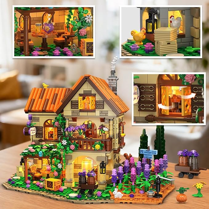 INSOON Lavender Cottage House Building Set with Lights, 1960 PCS Cozy Lavender Flower Garden Home Decor, Romantic Manor Construction Collection Building Kit, Gift for Adults Teens Boys Girls 12+