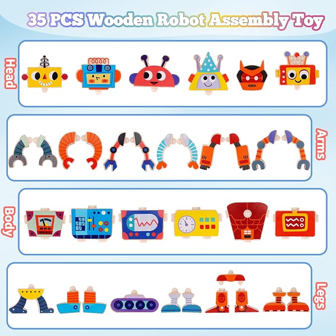 ATOYUS Wooden Robot Building Blocks Toys, STEM Montessori Preschool Toys for 3+ Year Old Toddlers, 35 Pcs Snap Together Take Apart Toy Playset for Kids Ages 3-5, Boys Girls Christmas Birthday Gifts