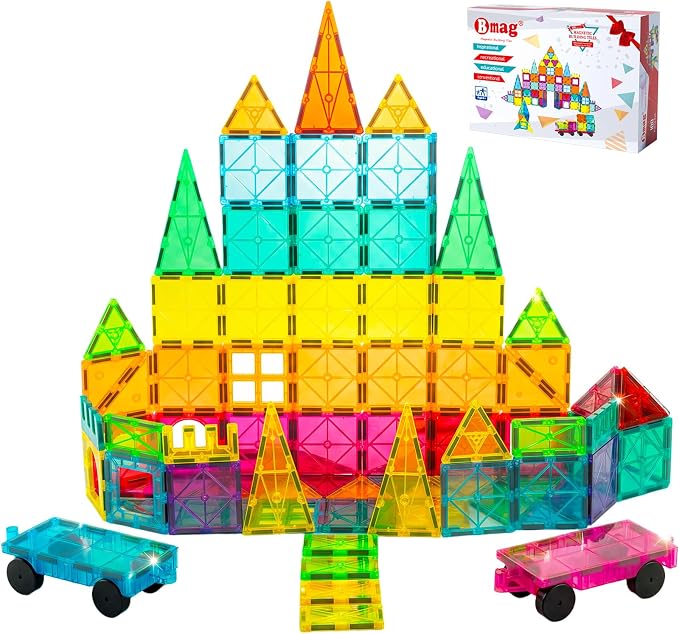 Bmag 100PCS Magnet Building Blocks with 2 Cars for Kids, Magnetic Tiles Stacking Building Set for Boys Girls, STEM Preschool Educational Learning Construction Toy