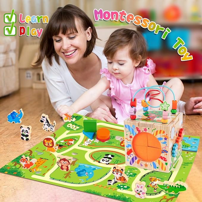 KMTJT Wooden Activity Cube Toddler Toys 12-18 Months, 7-in-1 Montessori Learning Toys for 1 2 Year Old Boys Girls, Bead Maze Sensory Toy, First 1st Birthday Gifts with Sorting & Stacking Board (Pink)