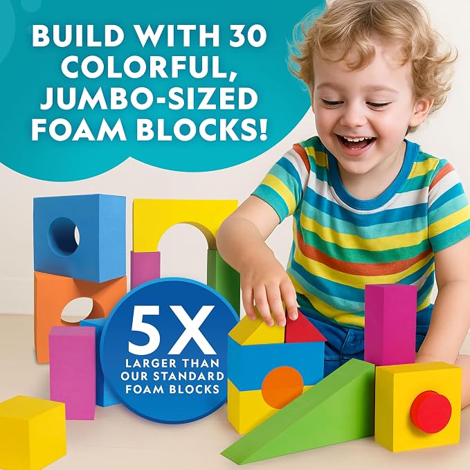 National Geographic Kids Jumbo Foam Blocks – 30-Piece Foam Building Blocks for Toddlers & Preschoolers, Soft Stackable Blocks with Storage Bag, Early Learning & Sensory Building Toy