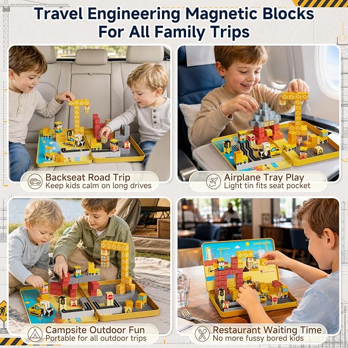 Magnetic Blocks Travel Kit: 100PCS Engineering Construction STEM Building Cubes with N32 Strong Magnets, Carry Tin Storage, Birthday Gifts for 3-8 Year Old Boys