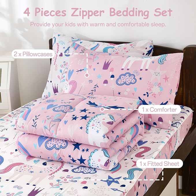 DJY Zipper Bedding Set Twin, Pink Unicorn Bedding Sets for Girls, Kids Comforter Set with Fitted Sheet Pillowcases, All in One Zipper Bed Set for All Seasons