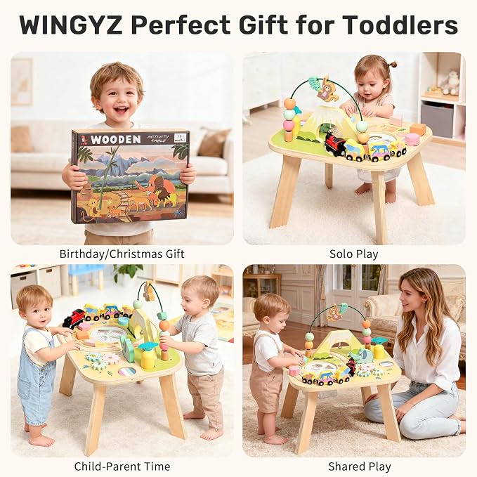 WINGYZ Activity Table for 1 Year Old Toddler, 9-in-1 Morandi-Colored Wooden Montessori Toys, Baby Play Table with Bead Maze Shape Sorter Train Toy, Educational Gifts for 12 Months+ Kids Boys Girls