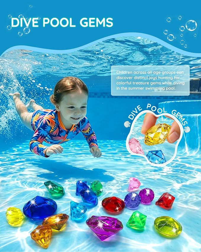 Swim Diving Games Pool Toys 17PCS Big Colorful Diamond Toy with Treasure Box Chest Summer Underwater Gemstone Outdoor Water Accessories for Kid Age 5 6 7 8 9 10 11 12 Year Old Girl Boy Stuff Fun Gift