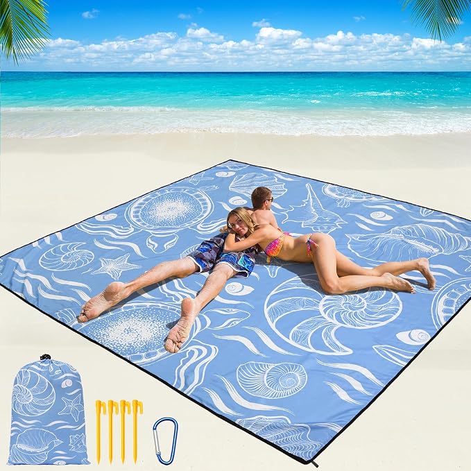 WIWIGO Beach Blanket Waterproof Sandproof Beach Mat 79" X 83"/10'x9'for 2-8 Adults Quick Drying Outdoor Picnic Mat Beach Accessories for Travel, Camping, Hiking