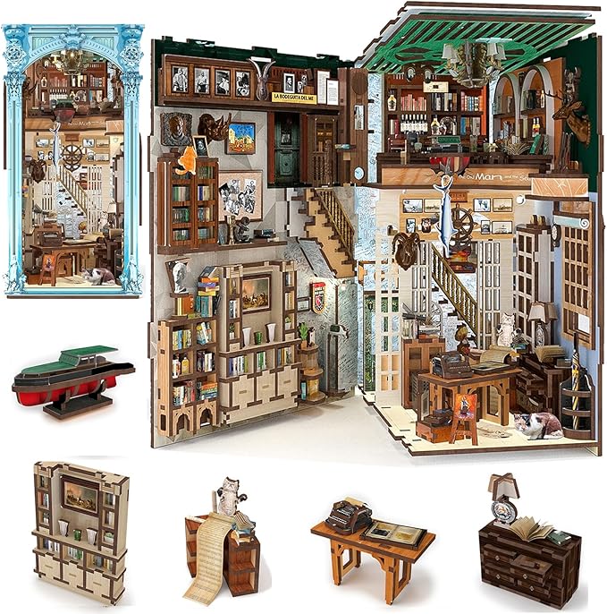 MiniCity Book Nook Kit, DIY Dollhouse Booknook, Book Nook Miniature Kit for Bookshelf Insert Decor Crafts for Adults Teen Halloween, 3D Wooden Puzzle with Led Light (Hemingway House)