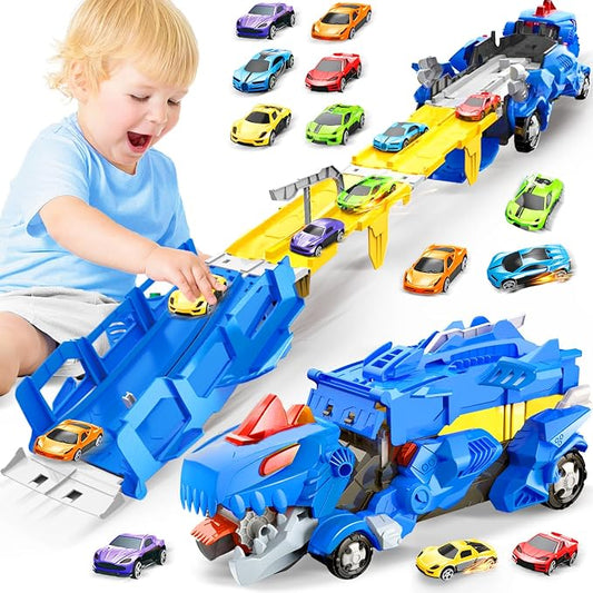 Dinosaur Toys for Kids 3-5, Dinosaur Truck with 6 Cars Toys, Car Track Set, Birthday Gifts Toys for 3 4 5+ Year Old Boys Girls, Transport Carrier Truck for Toddlers, Chritsmas Gifts