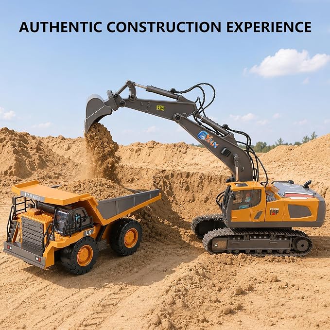3-in-1 Remote Control Excavator Toy for Boys, Best Birthday Gifts for Kids 3-5 4-7 6-8 9 10 12 Years Old, 11-Ch RC Construction Vehicle with Alloy Shovel, Drill & Grapple, Digger Sandbox Toys