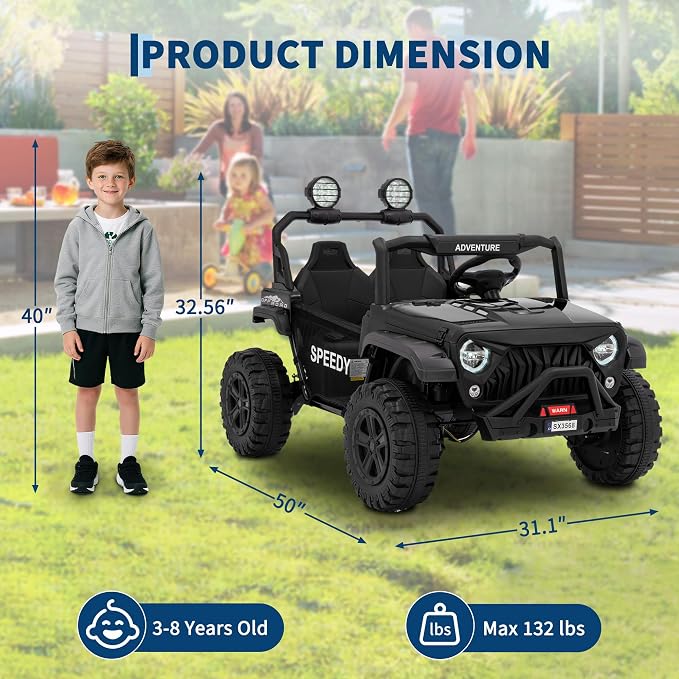 24V 2-Seater Ride on UTV Truck with Remote Control – 4WD Electric Vehicle Designed for Big Kids, Featuring Spring Suspension, Front and Behind LED Lights, Dual Storage Compartments, 3 Speed Settings,