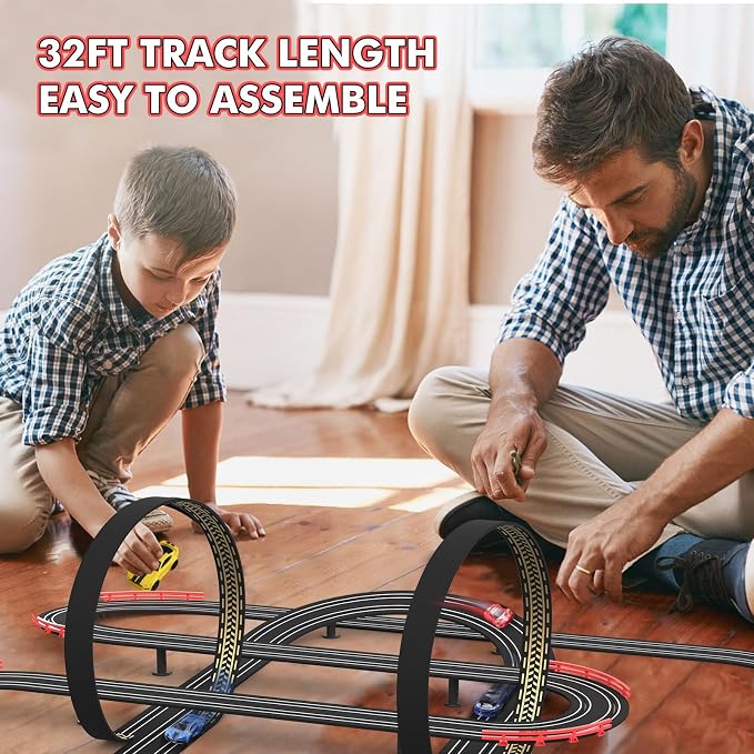 Slot Car Race Track 32Ft Electric Powered Racing Tracks Sets for Boys and Kids ,Dual Racing with 4 High Speed Cars and 2 Hand Controllers, Gift Toys for Children 6,7,8 Years Old