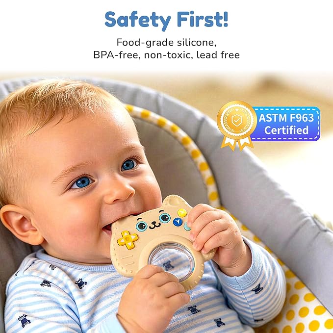 Baby Teether Toy Silicone Cat Teething Ring -Game Controller, Baby Rattle Toy Chew Sensory Toys for Babies Over 3 Months, Teething Relief for Newborn Infant Essentials 0-6 6-12 Months, BPA Free -Beige