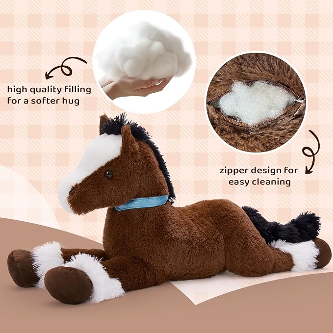 Tezituor 4ft Realistic Giant Horse Stuffed Animals, 47 inch Chocolate Large Stuffed Horse Farm Plush Toy, Hugging Soft Pony Plush Body Pillow for Boys Girls Christmas Birthday