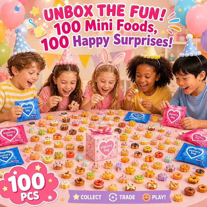 100 PCS Mystery Bag Mini Resin Food Blind Bags, Cute Tiny Food Figurines Surprise Box Toys for Kids, Dessert Snack Collectibles for Party Favors Classroom Prizes Goodie Bag Stuffers Dollhouse Decor