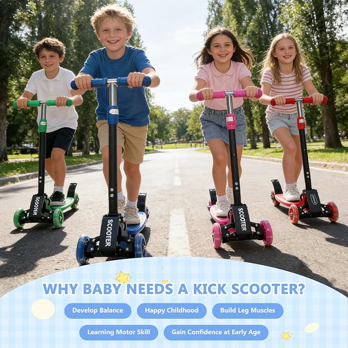 3 Wheel Scooters for Kids 2-5 5-7 Years, 4 Adjustable Heights Foldable Metal Toddler Scooter for Boys Girls Up to 120 lbs, Lean-to-Steer, Dual Rear Brake Widen Anti-Slip Deck