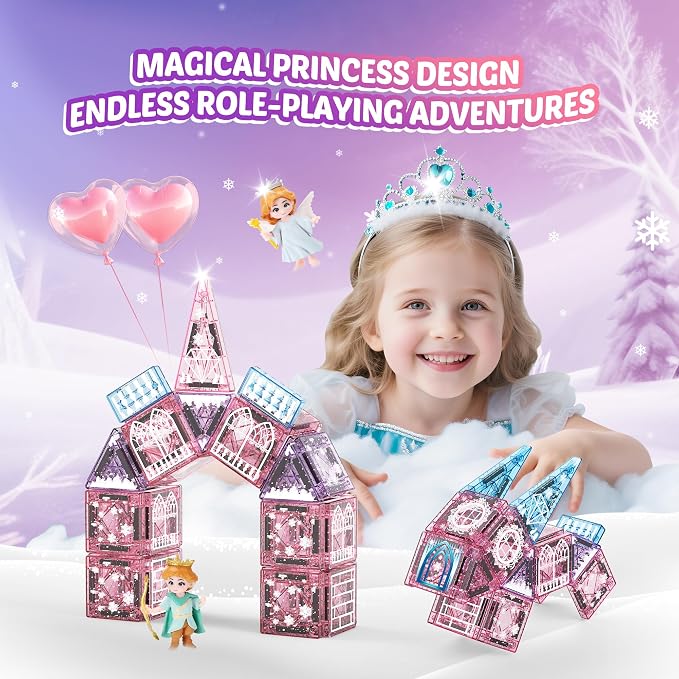 Magnetic Tiles Princess Toys, Princess Castle Travel Magnetic Blocks with Metal Box & 2 Dolls, Mini Magnet Tiles for Girls Pretend Play, Magnet STEM Sensory Gifts for Toddlers 3-5 4-8 8-12 Years Old