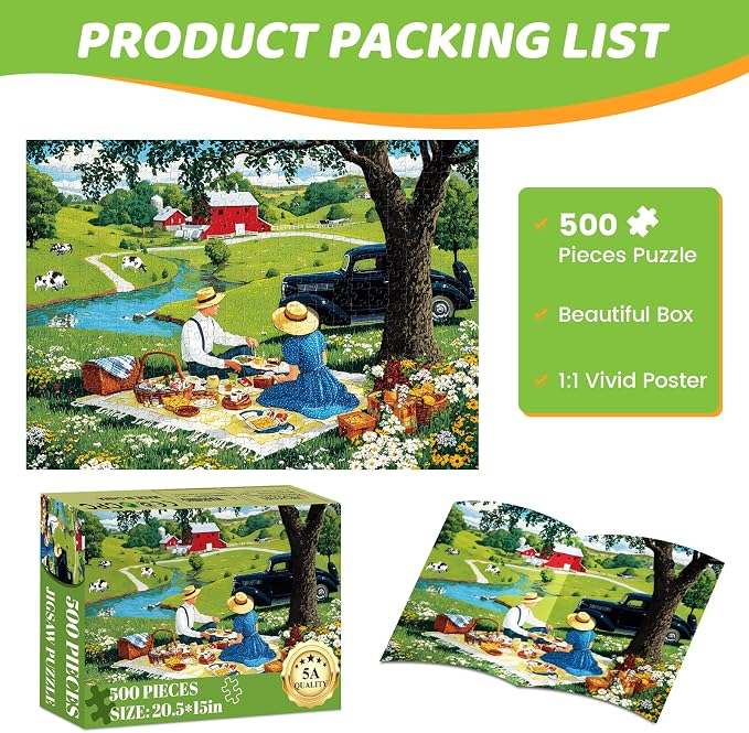 500 Piece Puzzles for Adults, Countryside Picnic Jigsaw Puzzle, Vintage Farm Landscape Puzzle with Lake,Barn and Cows, Rural Scenery Puzzle with Letters on Back, Fun Family Game Gift for Teens Seniors