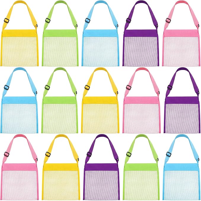 Frienda 15 Pack Mesh Beach Tote Bag, Seashell Bags, Bag Toys Organizer for Holding Beach Children' Toys Market Picnic (9.45 x 9.84 Inch,5 Colors)
