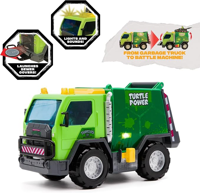 Teenage Mutant Ninja Turtles Toy, Thrash 'N' Battle Garbage Truck with 3 Sewer Cap Launchers, Lights & Sounds, TMNT Mutant Ninja Turtle Vehicle for Kids, Ages 3+