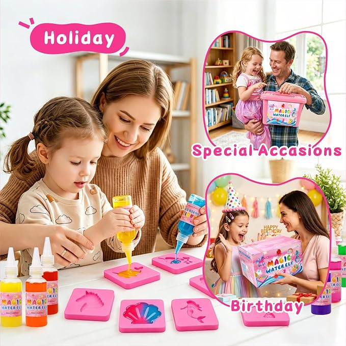 RYNZELA Magic Water Elf Toy Kit – Unicorn & Mermaid Aqua Gel Water Pets for Girls Ages 4–8, 20 Gels & 16 Molds – Easy to Color Gift with Magical Themes for Your Creative Little Princess