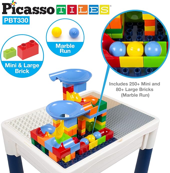PicassoTiles Kids Activity Center Play Table & Study Desk Set Sandbox Water Tight Container Storage All-in-1 STEM Toy Kit Playset with 330pc Dual Size Building Bricks Construction Blocks Marble Run