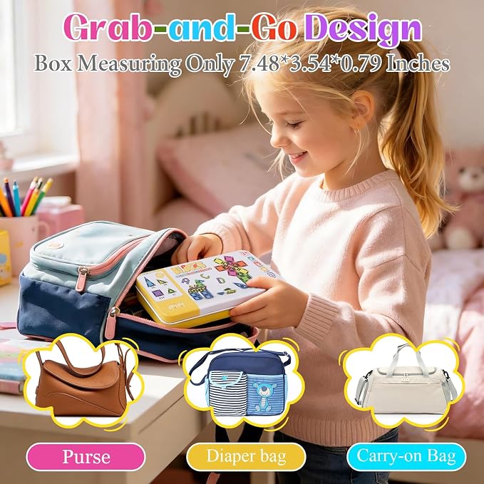 Mini Magnetic Tiles Travel Set- Travel Toys with Portable Iron Box, Rounded Edges, Colorful Sensory Toys for Ages 3+, Building-Creativity Gifts for Kids, Home Airplane Car Trip, 29 PCS
