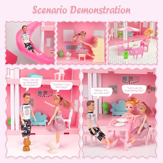 Dreamy Dollhouse Playset for Girls,Princess Doll House with 4-Story 10 areas 2 Dolls, Lights, Pets,Furniture & Accessories, Pretend-Play Toddler Playhouse Gift for 3 4 5 6 7 8 9+ Year Old Girls Toys