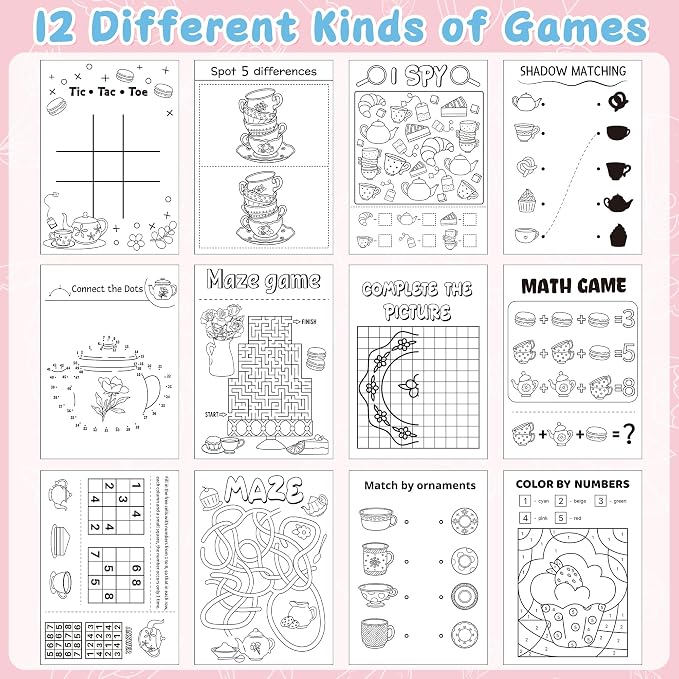 Tea Party Activity Books for Kids - 48Pcs Tea Time Themed Mini Game Coloring Booklet Bulk Maze Word Scramble Word Search Coloring Books for Birthday DIY Party Favor Goodies Bag Filler Classroom Reward