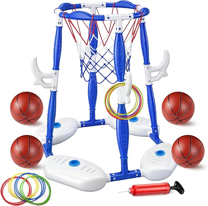 Pool Basketball Hoop, 2-in-1 Floating Basketball Hoop & Ring Games with 4 Balls 12 Rings and Pump, Outdoor Family Party Water Swimming Pool Basketball Float Toys for Kids Ages 4-8 8-12
