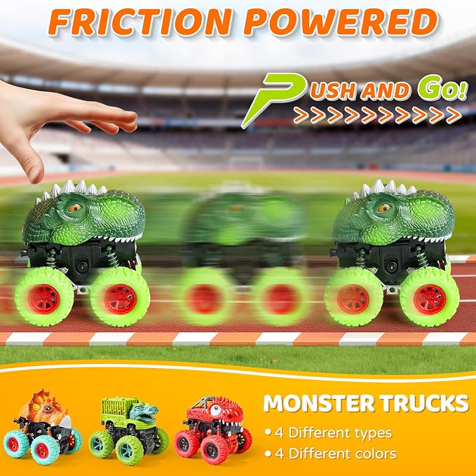 Beestech Dinosaur Toys for 2 3 4 5 Year Old Boys, Push & Pull Friction Powered Dinosaur Monster Truck Vehicles for Toddlers Preschoolers Birthday Gifts