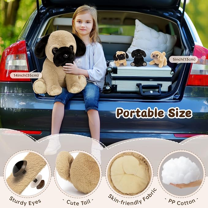MorisMos Pug Dog Stuffed Animal with Babies,14'' Large Mommy Dog Push with Baby Puppy Toys for Kids,4Pcs Realistic Bulldog Toys for Girl Boy, Stuffed Pug Toy Gift for Birthday Christmas